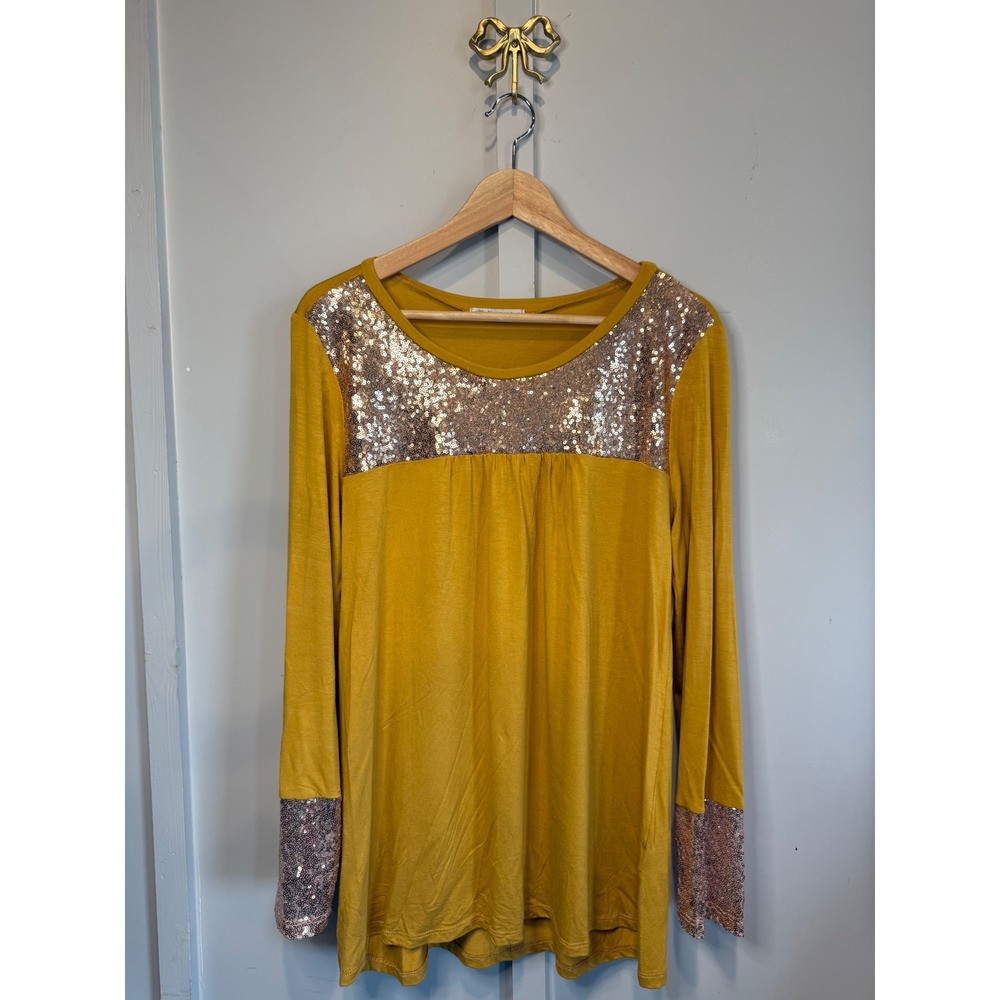 Veveret Mustard Yellow Sequin Long Sleeve Top T50140 Gold Accents Womens‎ Medium